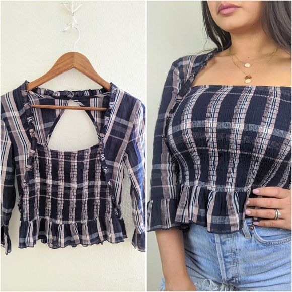 Free People Tops - Free People | Nicole Smocked Plaid Crop Blouse NEW